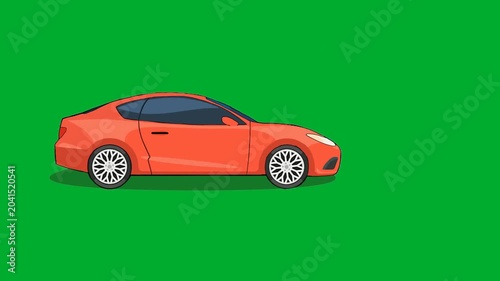 2d animation Red car luxury hatchback vehicle driving fast in full side profile view animation on green screen. Modern auto automobile transport layout on clear background for urban street traffic