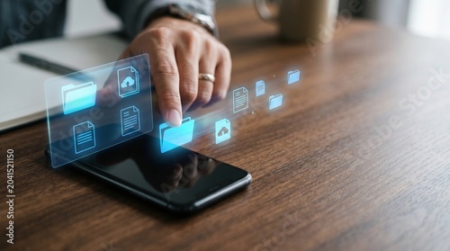 Digital Interaction, Smartphone User, Office Space, Technology, Modern Environment, Close-Up View, Innovation in Communication