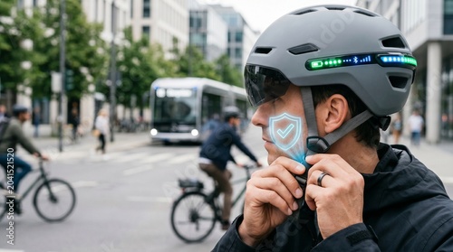 Biker Adjusting Helmet and Face Mask at City Intersection, Street Scene, Outdoor Environment, Eye-Level Perspective