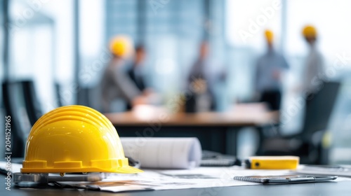 Construction Meeting: A yellow hard hat sits on blueprints on a table during a construction meeting with blurred figures in the background