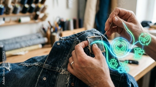 Sewing Action, Denim Repair, Workshop, Photo, Creative Environment, Close-Up View, Sustainable Fashion Concept