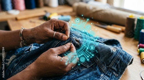 Hand Repairing Denim, Craft Studio, Digital Art, Creative Space, Close-Up, Innovation in Fashion