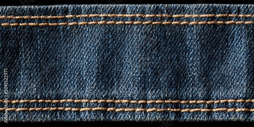 Close-up of blue denim fabric with double orange stitching along two horizontal seams