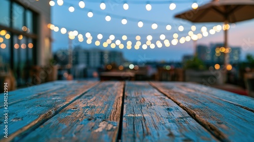 Rustic table foreground, glowing string lights, rooftop twilight ambiance