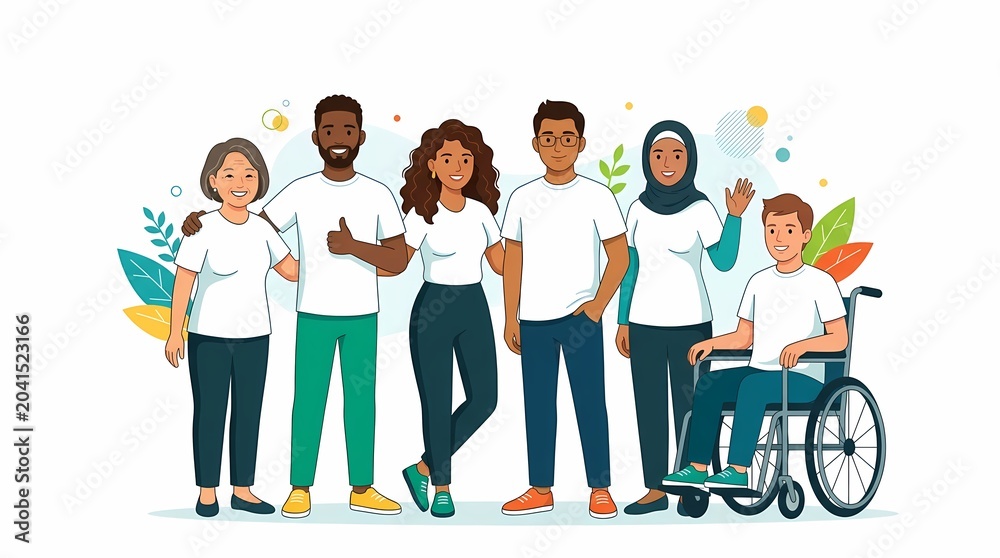 Obraz premium United diverse community adults wearing white shirts, including a wheelchair user, stand together in a supportive vector illustration, ideal for inclusive advertising.
