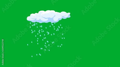 2d animated Rain cloud blowing drops of water downwards in a heavy storm animation on green screen. White fluffy cartoon cloud icon pouring liquid stream for seasonal weather climate concept layout 