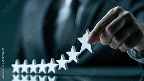 Person's hand places final star, completing a five-star rating