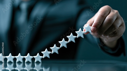 Hand arranging white stars in a row, forming a line for rating