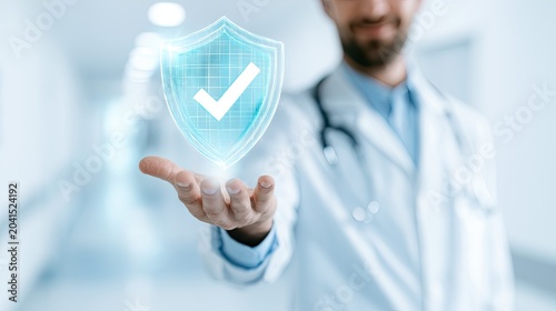 Doctor presents glowing shield with checkmark for healthcare assurance