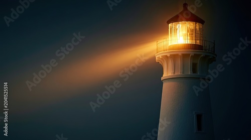 Towering coastal beacon emits bright, warm light through twilight sky