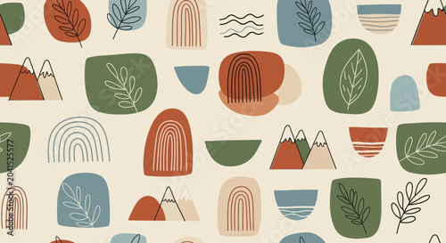 Vibrant abstract pattern with shapes and leaves.