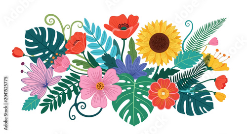 Vibrant floral arrangement with exotic leaves.