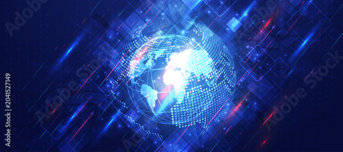 Global network technology concept with digital world map globe on blue high tech background.
