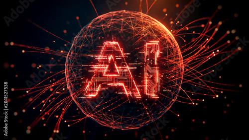 Artificial intelligence glowing logo in digital sphere, AI neural network concept with orange light trails, futuristic machine learning technology background