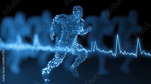 Glowing digital runner in motion with data stream