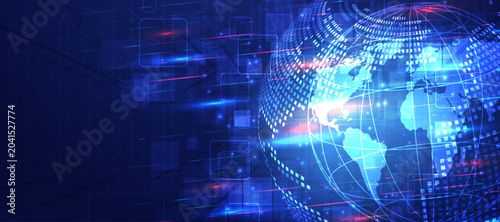 Modern digital earth globe on technical background representing worldwide data transfer and connectivity.