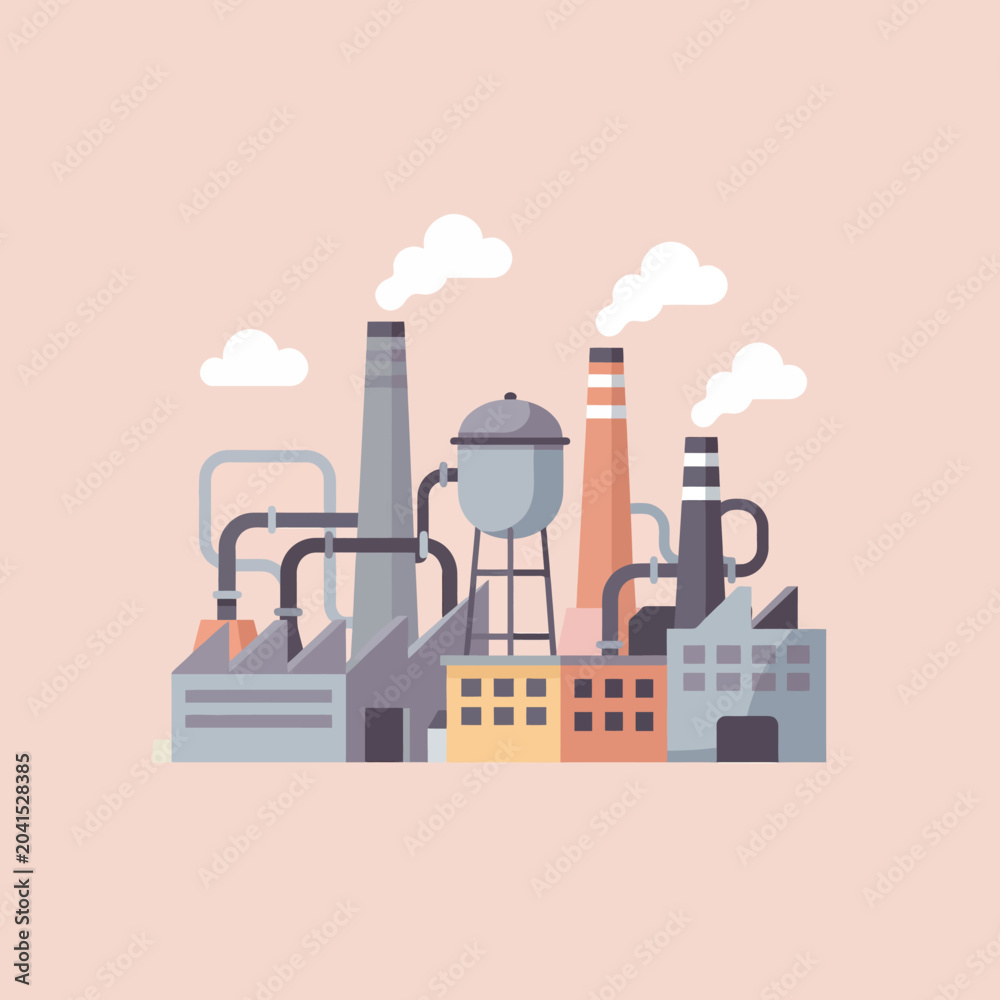 Fototapeta premium A flat vector illustration of a busy industrial manufacturing plant