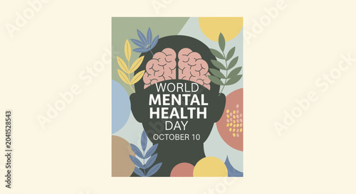 World Mental Health Day illustration with brain and plants.