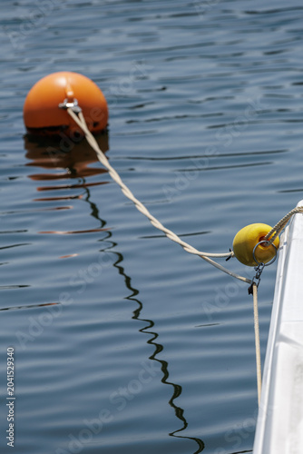 Yellow pick-up float and an orange mooring buoy connected by a gently curving, twisted mooring line casting rippled reflections on calm harbor water. Portrait view partially showing white gunwale.