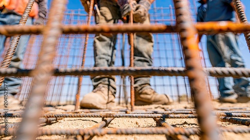 Close-up of construction workers' legs standing over rebar grid