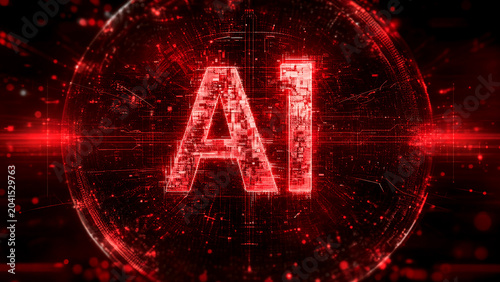 Artificial intelligence glowing red text, digital AI brain network concept, futuristic neural technology background with data particles and light flares