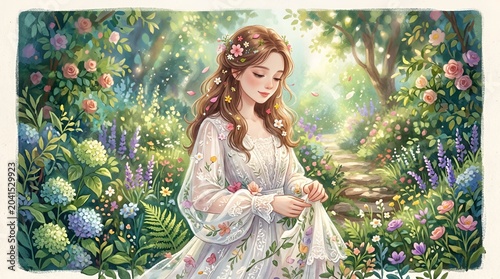 Enchanting young woman in a floral dress surrounded by a magical blooming garden