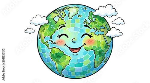 Happy Cartoon Earth Globe with Clouds, Environmental Concept