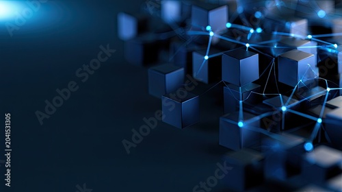 Abstract dark cubes connected by glowing blue network nodes