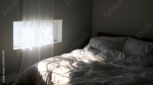 Morning sunbeams illuminate a rumpled bed next to a sheer curtained window