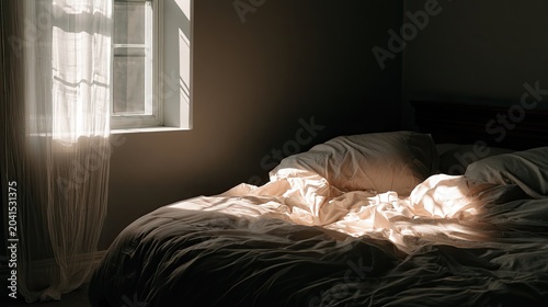 Sunlight streams through sheer curtains onto a rumpled, unmade bed