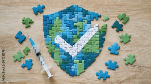 Shield mosaic of Earth with checkmark, surrounded by puzzle pieces and syringe