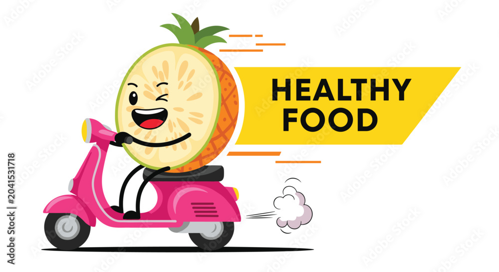Naklejka premium Fast cartoon pineapple character riding a pink motor scooter with speed lines and a yellow healthy food banner for delivery concept.
