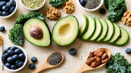 Vibrant assortment of healthy foods avocado, blueberries, nuts, seeds, and greens