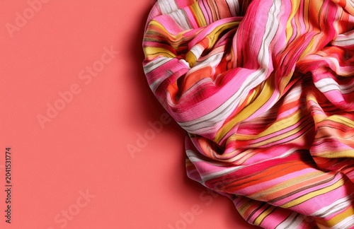 Colorful striped fabric draped on a coral background