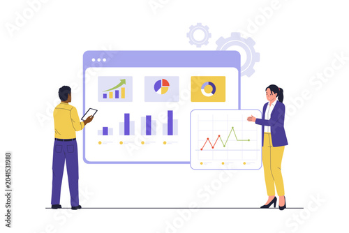Illustration of Corporate Team Evaluating Business Data Charts. A man and a woman presenting and analyzing financial metrics, bar charts, and growth diagrams on digital dashboard windows