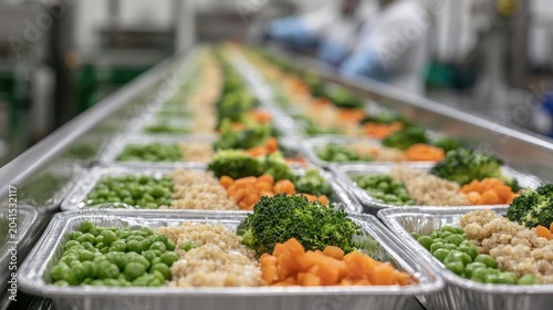 Rows of pre-portioned meals with vegetables and grains on a conveyor
