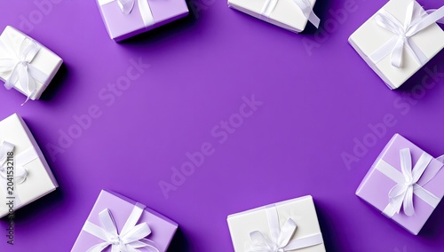 A vibrant purple background frames white and lilac gift boxes tied with satin ribbons