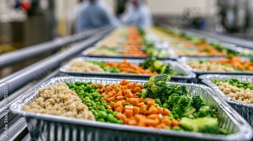 Prepared meals with rice, peas, carrots, and broccoli on a conveyor belt