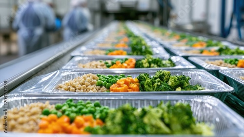 Rows of pre-packaged meals with grains, peas, carrots, and broccoli move on a conveyor
