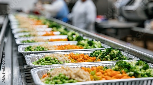 Freshly prepared healthy meals in foil trays on a conveyor belt