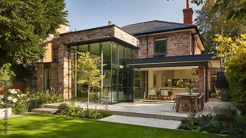 Luxurious home extension showcases glass walls, brick facade, and open-plan kitchen with a garden