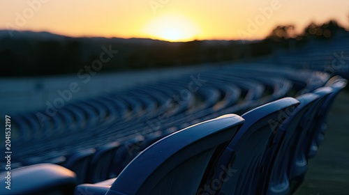 Empty stadium seats bathed in a warm, golden sunset glow