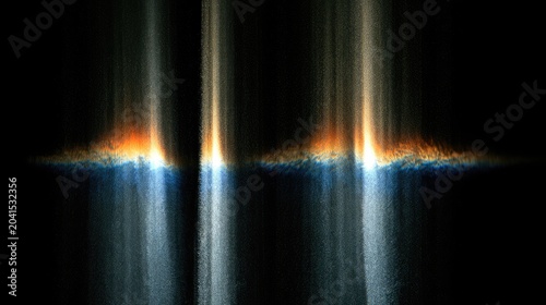 Ethereal beams of light descend through darkness, reflecting in dark depths