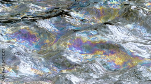 Iridescent colors ripple across a metallic, textured surface