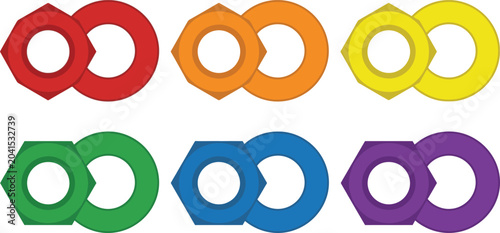 Tableau sur toile Colorful set of interlocked nuts and bolts forming infinity symbols representing