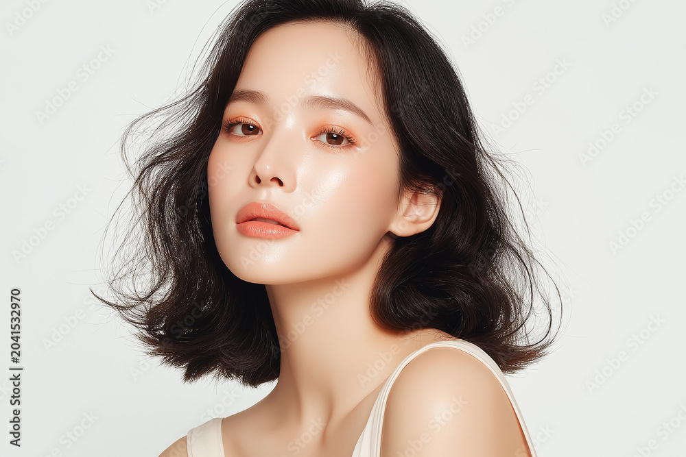 Fototapeta premium 美容, 女性, スキンケア, 化粧品, ビューティー, 若い女性, 美肌, 日本人, アジア人, フェイシャル, メイク, 美容液, 保湿, クリーム, エイジングケア, 美容医療, エステ, 美容クリニック, 肌ケア, ナチュラルメイク, 透明感, ツヤ肌, モデル, 笑顔, ポートレート, クローズアップ, リラックス, 癒し, 健康的, 美白, コラーゲン, ヒアルロン酸, アンチエイジング