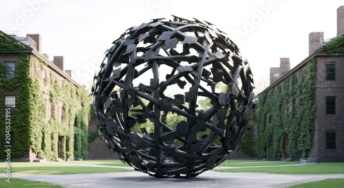 Intricate metal sphere sculpture set in a courtyard with ivy-covered buildings