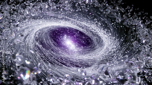 Swirling cosmic dust and crystal fragments form a luminous, purple nebula