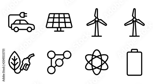 Quadro em tela Eco-friendly Energy Icons Set: Electric Car, Solar Panel, Wind Turbines, Biofuel