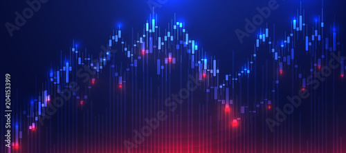 Abstract financial chart with glowing blue and red candlesticks on a dark gradient background economic trend.